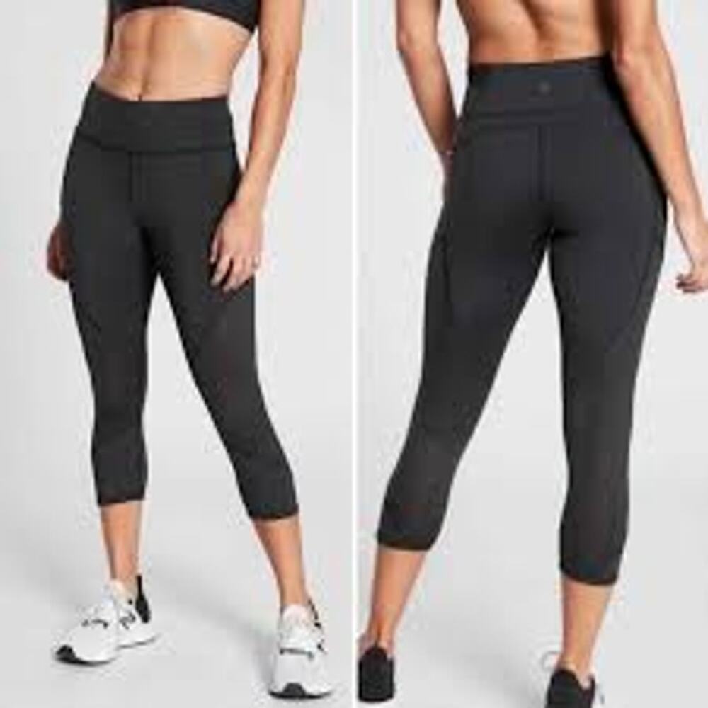 Athleta Womens Black Mesh Contender Side Pocket Capri Leggings Size Small